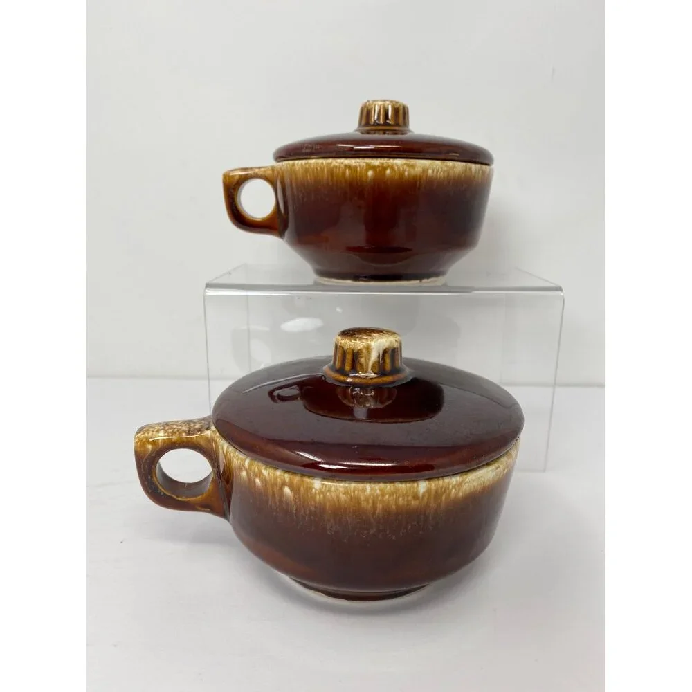 Set of 2 Vintage Hull Oven Proof USA With Handle and Lid Brown Drip Glaze 8 Oz